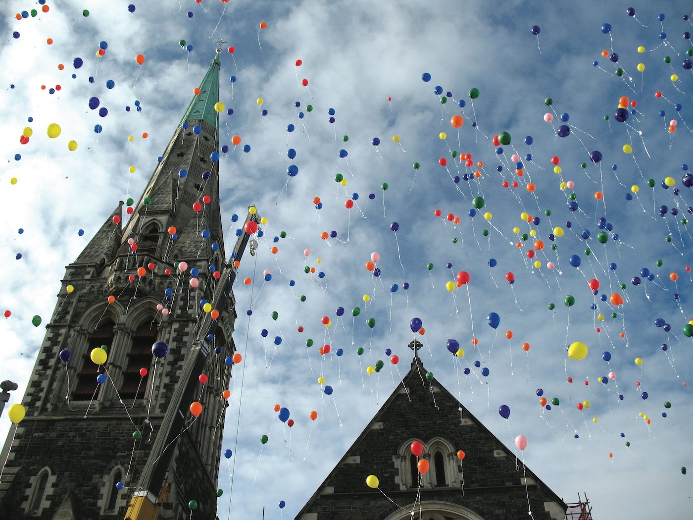 Hundreds of colourful balloons released over the spire of Christ Church Cathedral before the earthquakes