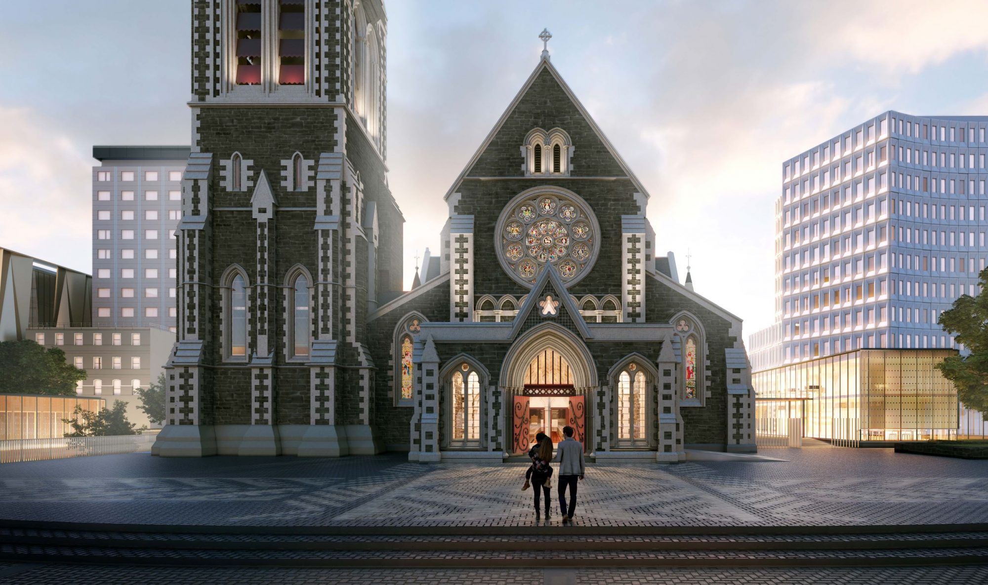 Concept design render of the reinstated Christ Church Cathedral seen from Cathedral Square